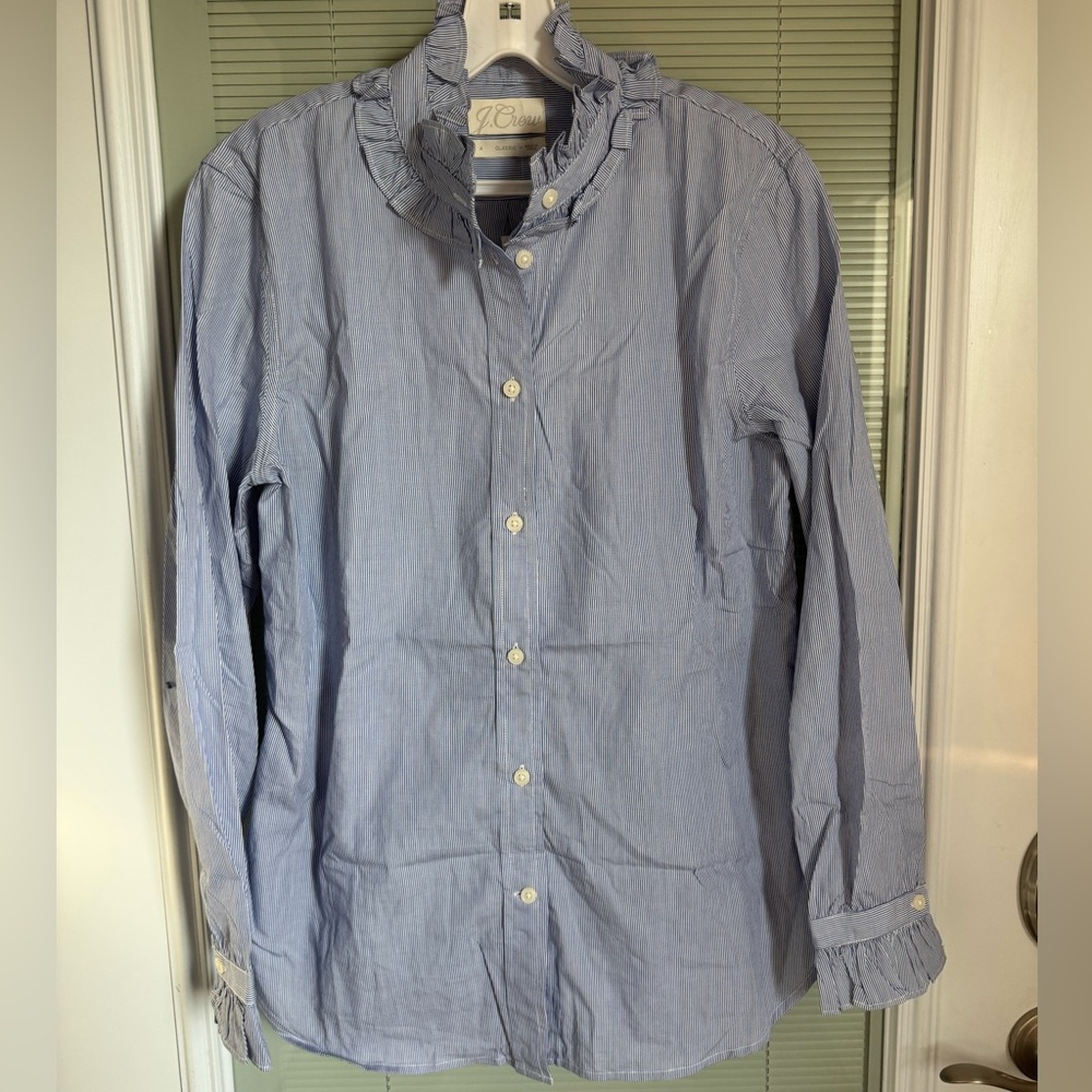 J. Crew Striped Blue Button-Up Shirt with Ruffle collar